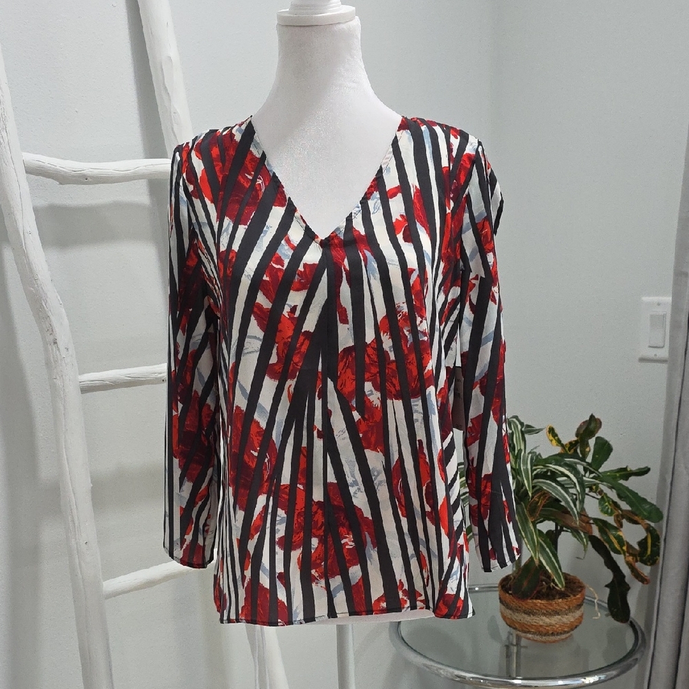 NWT Elegant Red and Black Striped Women's Blouse Open Sleeves